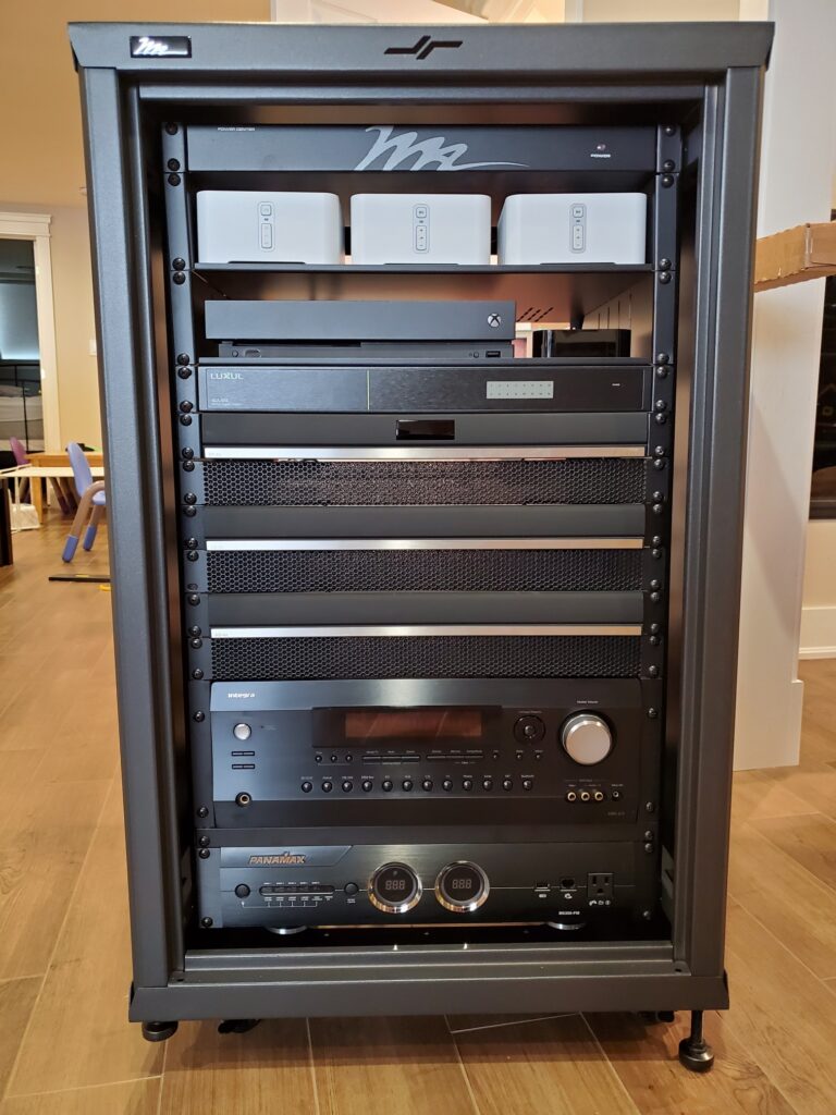 Residential home theatre AV equipment rack installation by Alanson Media